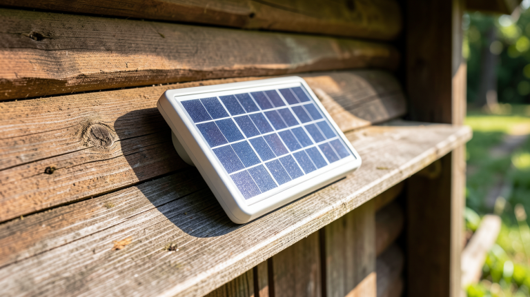 mini panneau solaire 12v installé sur le tablier d'une cabane en bois, exposé à la lumière naturelle du jour