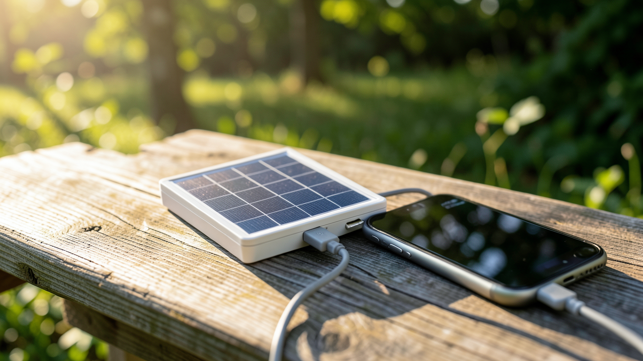 mini panneau solaire 12v utilisé pour charger un appareil électronique lors d'un camping en plein air