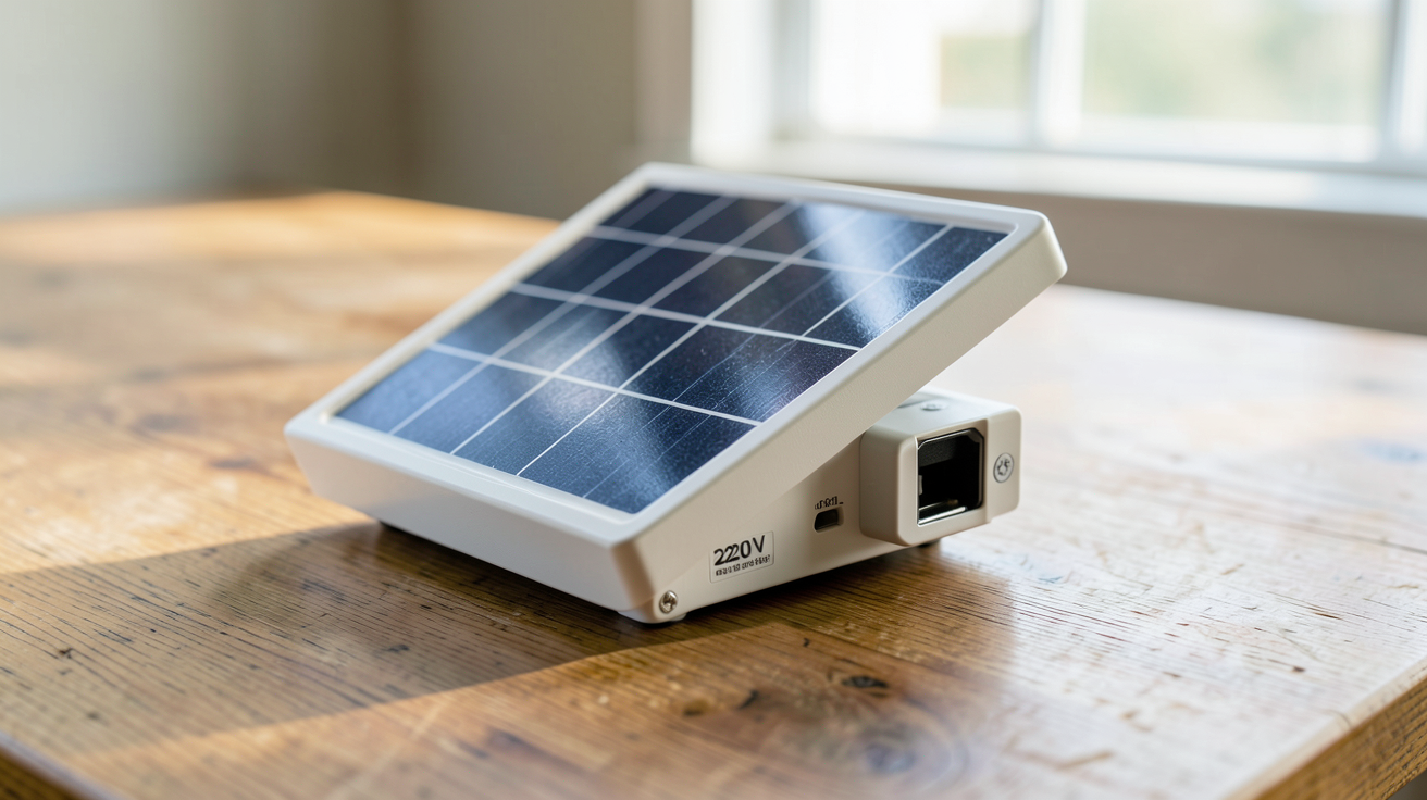 mini panneau solaire 220v avec batterie intégrée sur un plan de travail, démontrant son utilité en extérieur comme en intérieur