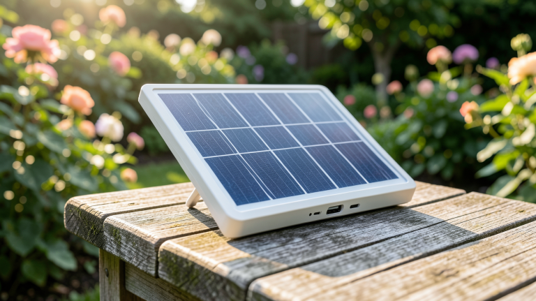 mini panneau solaire 220v installé sur une table en bois en plein soleil
