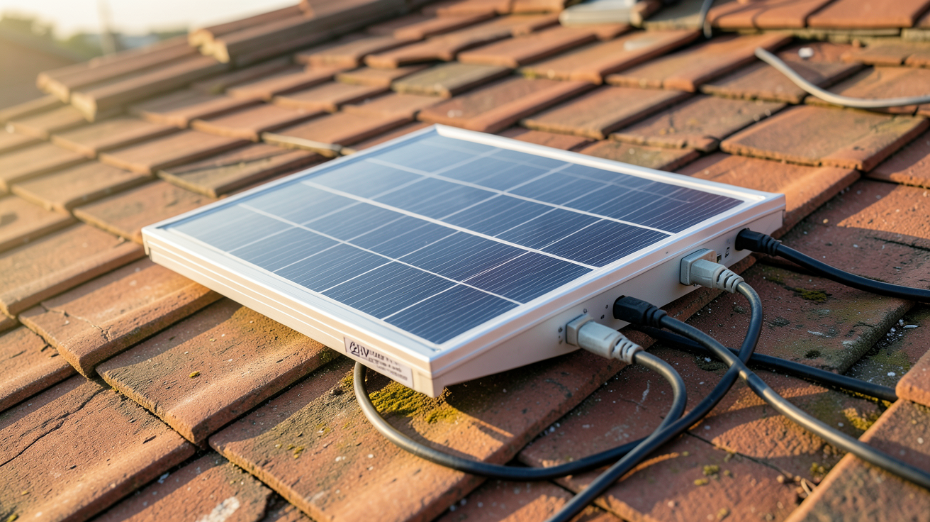 mini panneau solaire 220V installé sur un toit en tuiles avec câbles et boîtier de régulation