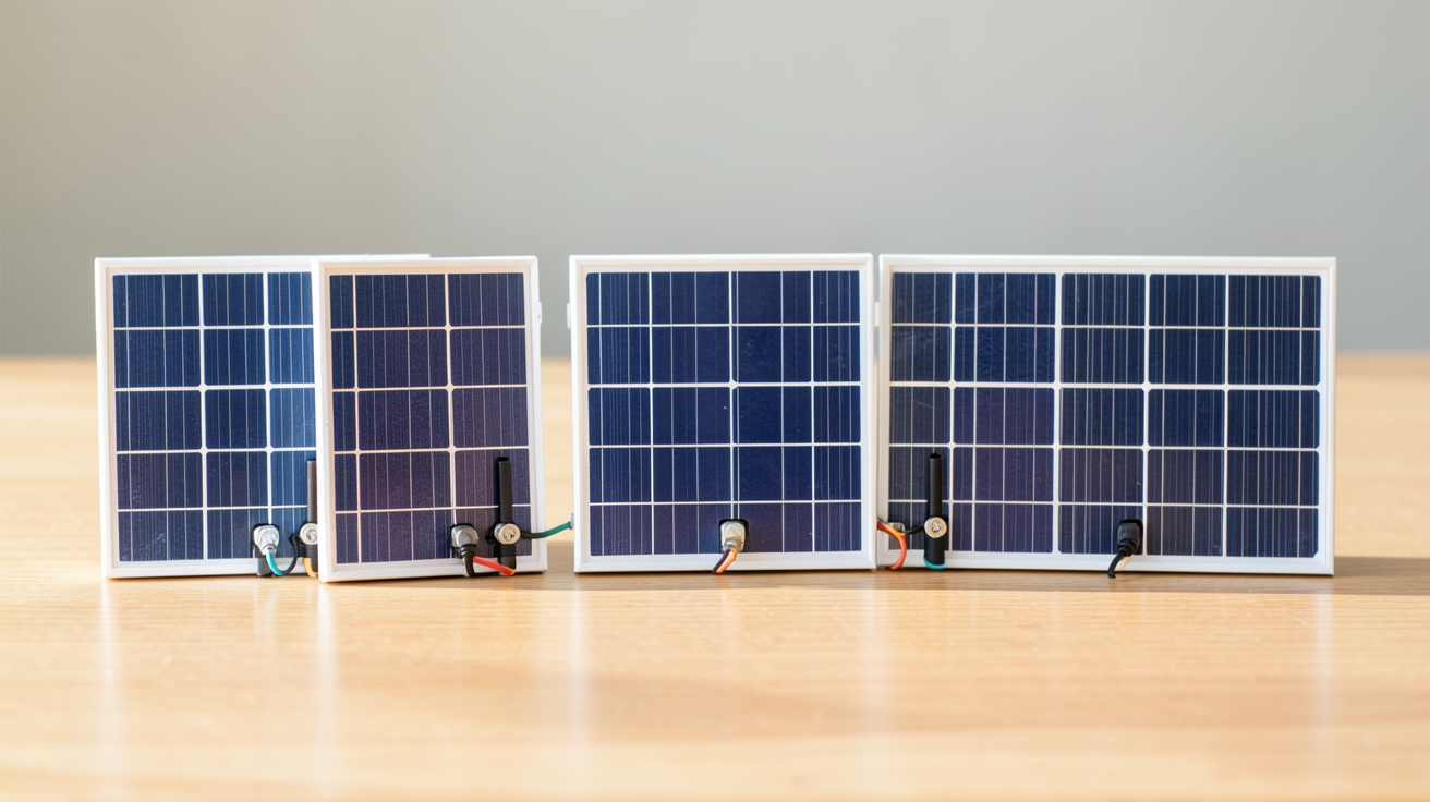 mini panneau solaire 220v comparatif des cinq meilleurs modèles de 2024 présentés sur une surface plane avec lumière naturelle