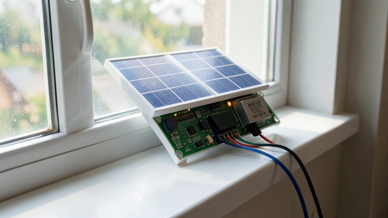 mini panneau solaire avec batterie installé sur un rebord de fenêtre intérieur