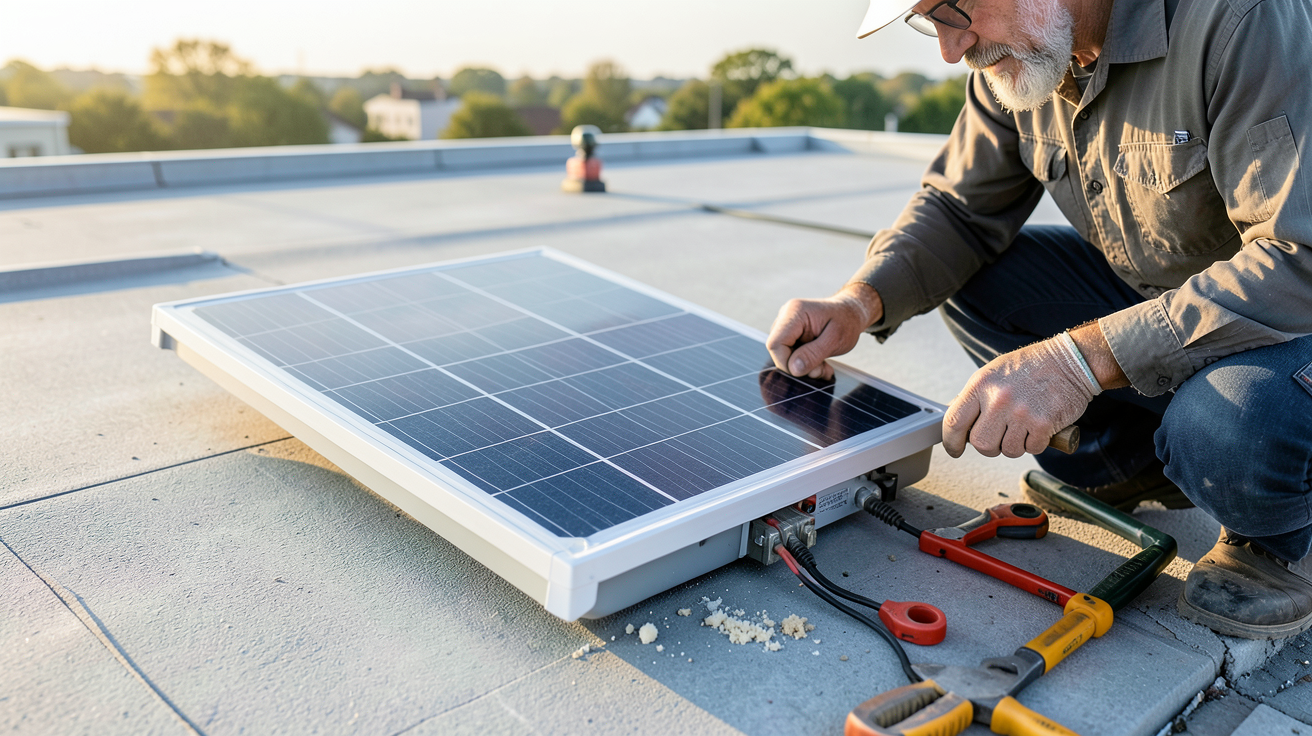 mini panneau solaire avec batterie en cours d'installation sur un toit plat par un technicien