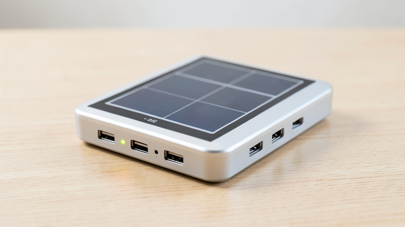 mini panneau solaire avec batterie intégré posé sur une surface en bois clair