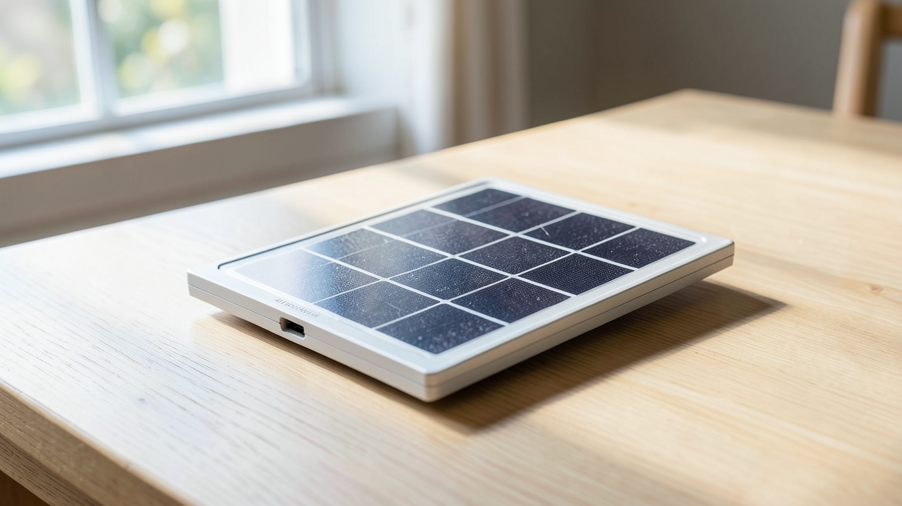 mini panneau solaire posé sur une table en bois clair pour un guide d'achat
