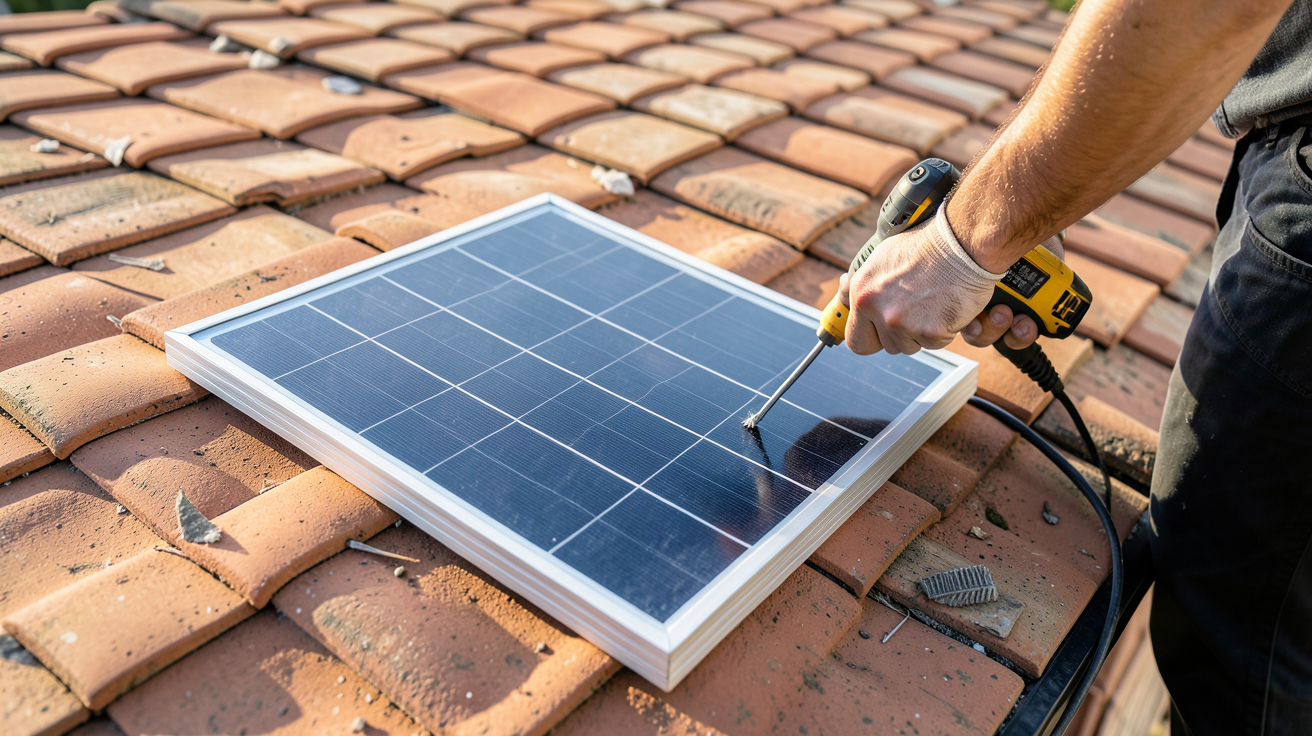 mini panneau solaire en cours d'installation sur un toit en tuiles avec une personne utilisant un outil électrique