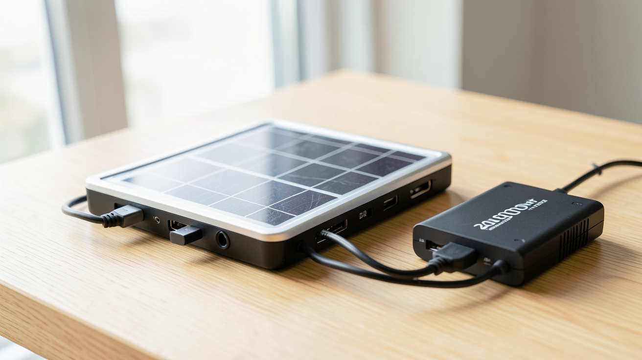 mini panneau solaire portable de 20W avec batterie externe de 20 000 mAh sur une table en bois