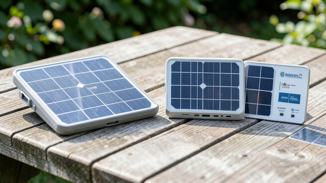 mini panneau solaire portable de marques populaires en France en 2024 posés sur une table en bois