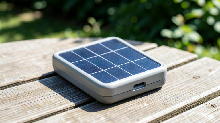 mini panneau solaire portable posé sur une terrasse en bois en plein air