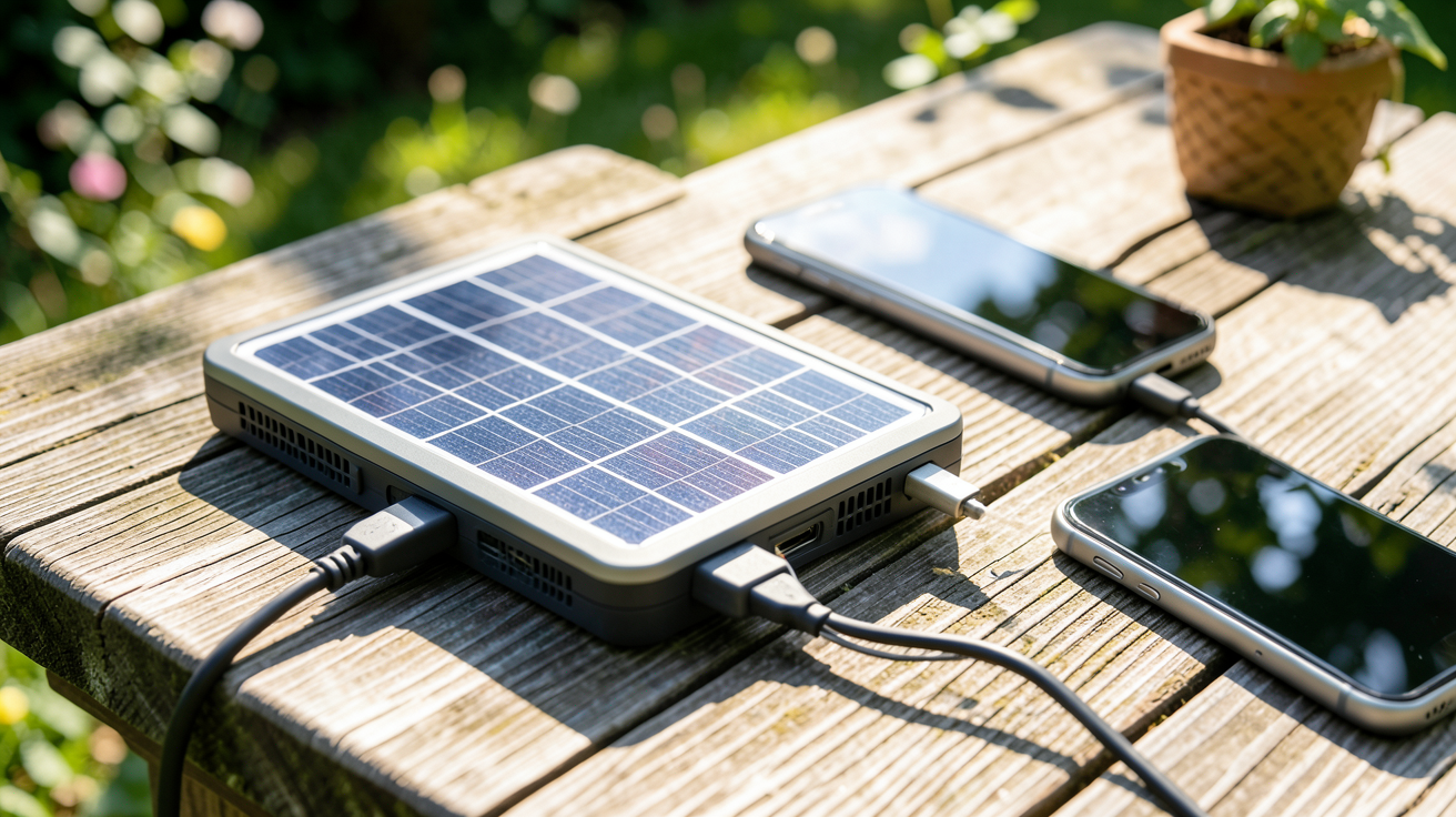 mini panneau solaire portable utilisé pour recharger un smartphone en extérieur