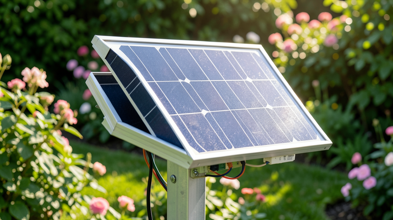 mini panneau solaire pour LED fixé sur un support en aluminium dans un jardin ensoleillé