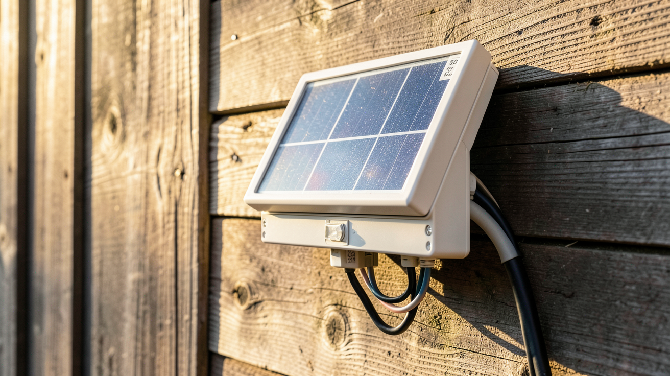 mini panneau solaire pour LED installé sur un mur en bois avec une lumière naturelle du matin