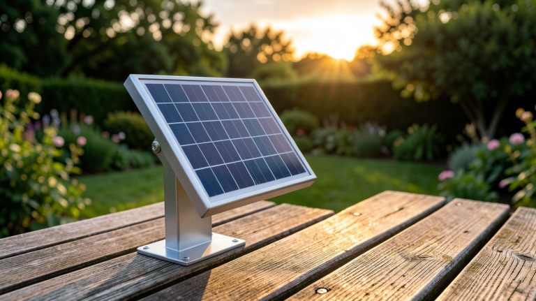 mini panneau solaire pour led fixé sur une terrasse en bois avec vue sur un jardin