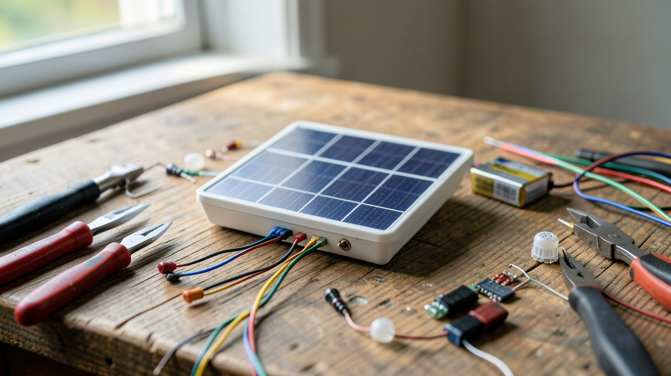 mini panneau solaire utilisé dans un projet DIY avec outils de bricolage et composants électroniques