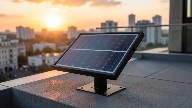 mini panneau solaire noir installé sur une terrasse urbaine en ville
