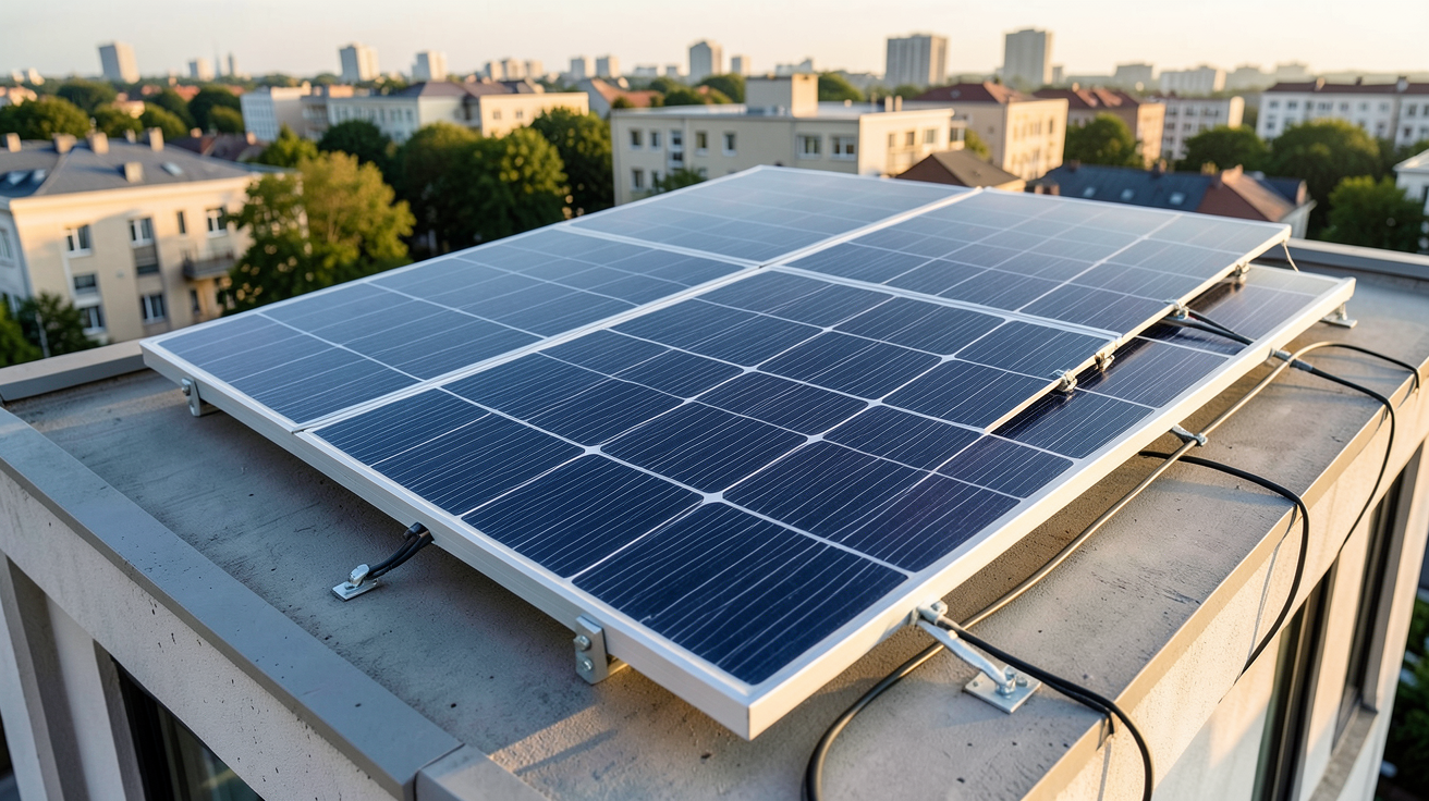 module monocristallin installé sur le toit d'une maison urbaine, illustrant le coût d'acquisition et le retour sur investissement
