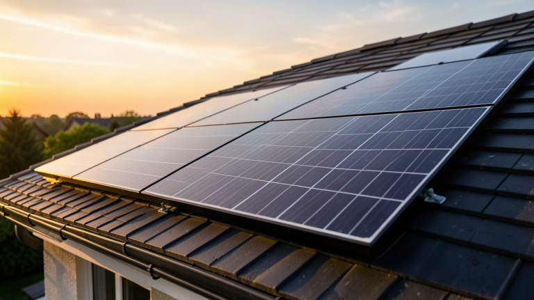 module monocristallin noir installé sur le toit d'une maison individuelle