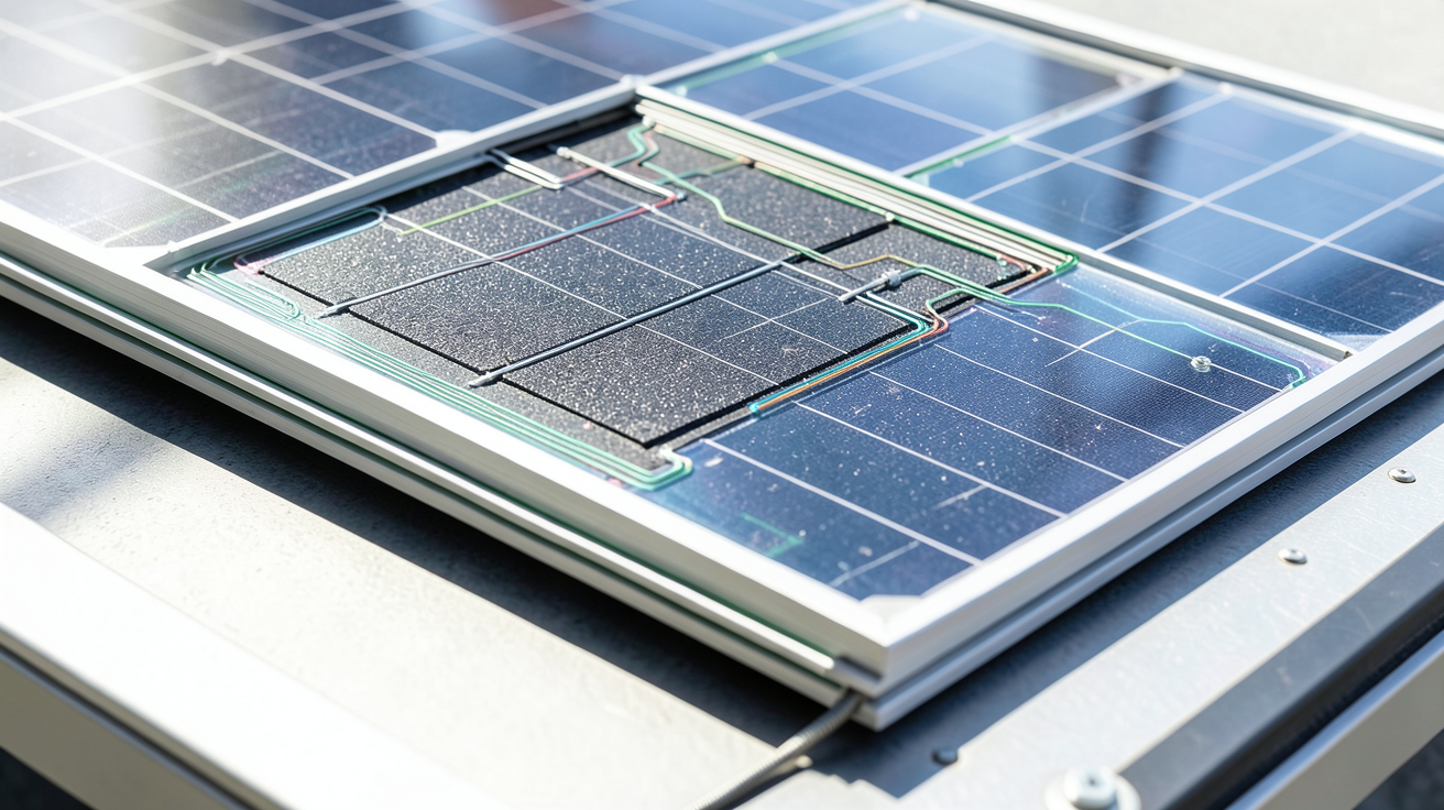 module photovoltaïque en coupe technique montrant le fonctionnement détaillé des cellules de silicium