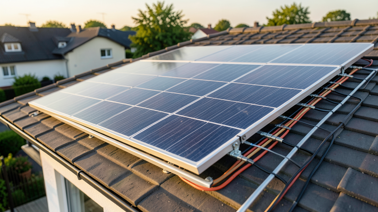 module photovoltaïque en silicium monocristallin installé sur un toit résidentiel montrant le processus de conversion de la lumière en électricité