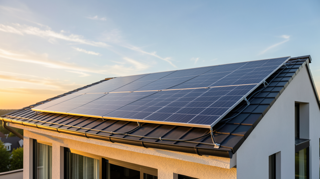 module photovoltaïque installé sur le toit d'une maison moderne avec une lumière naturelle dorée