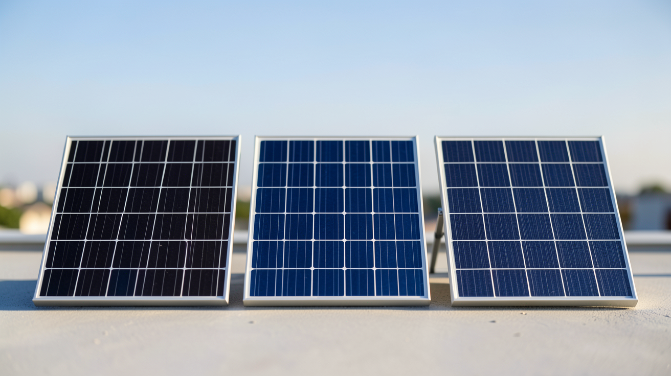 module photovoltaïque présentant trois types de panneaux solaires : monocristallin, polycristallin et à couches minces