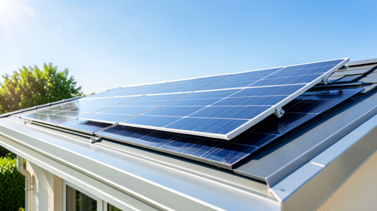 module solaire installé sur le toit d’une maison résidentielle, capturé en haute résolution avec une lumière naturelle