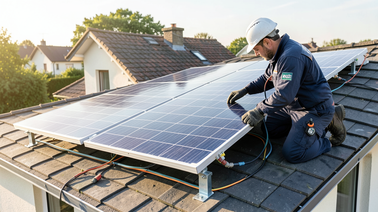 module solaire photovoltaïque en cours d'installation sur le toit d'une maison par un professionnel RGE