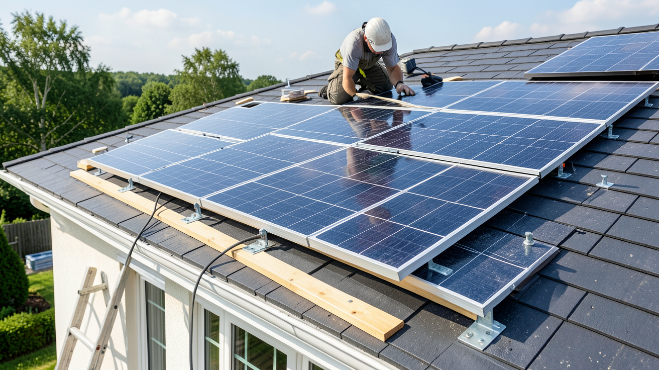 module solaire thermique installation étape par étape sur le toit d'une maison, montrant le technicien en action