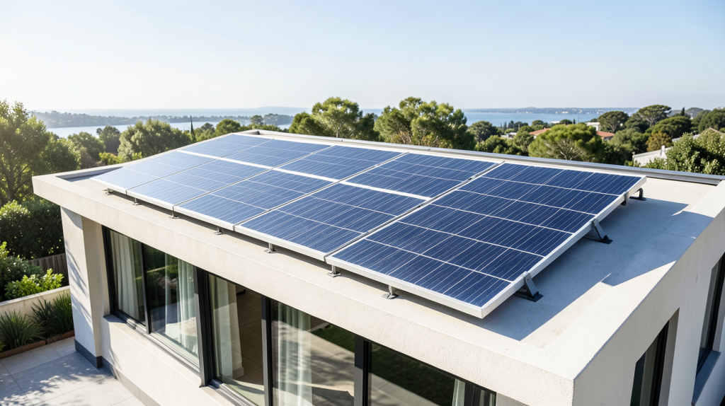 module solaire thermique installé sur la toiture d'une habitation moderne sous un ciel clair