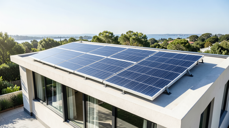 module solaire thermique installé sur la toiture d'une habitation moderne sous un ciel clair