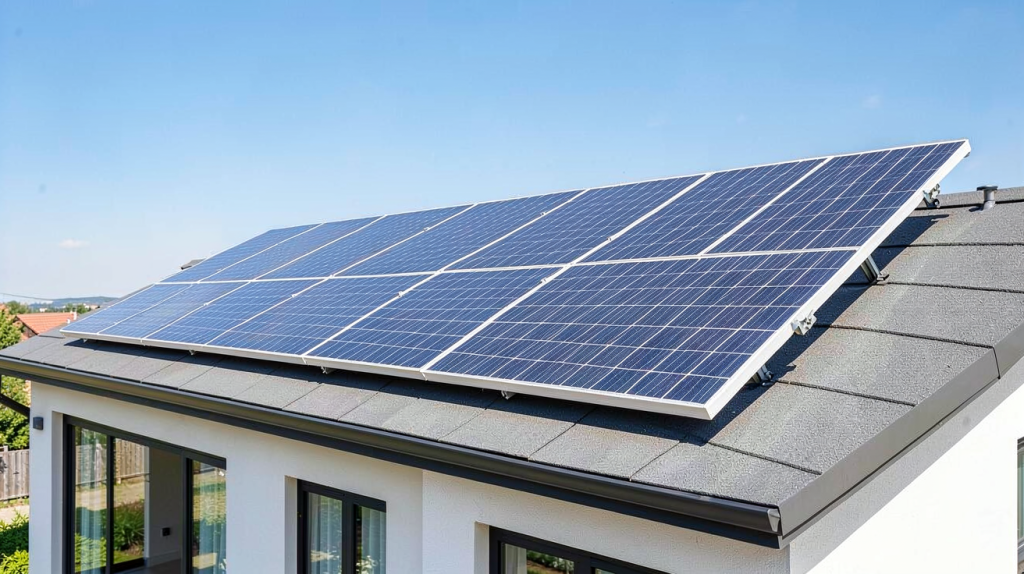 modules photovoltaïques installés sur le toit d'une résidence moderne sous un soleil radieux