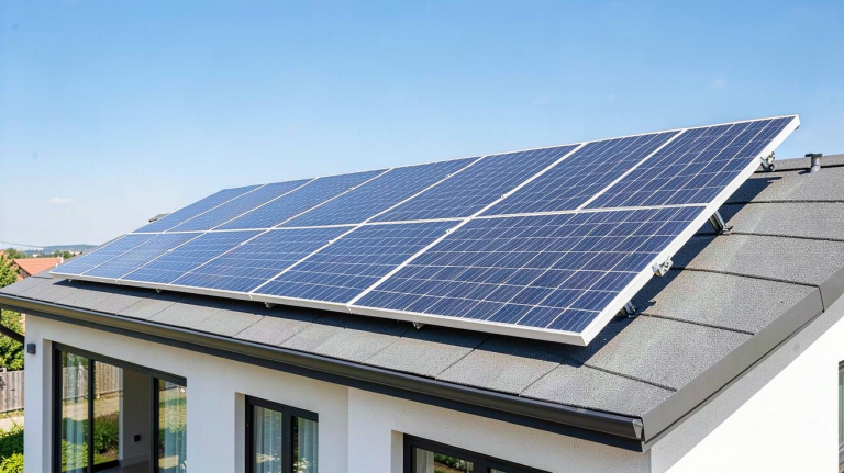 modules photovoltaïques installés sur le toit d'une résidence moderne sous un soleil radieux