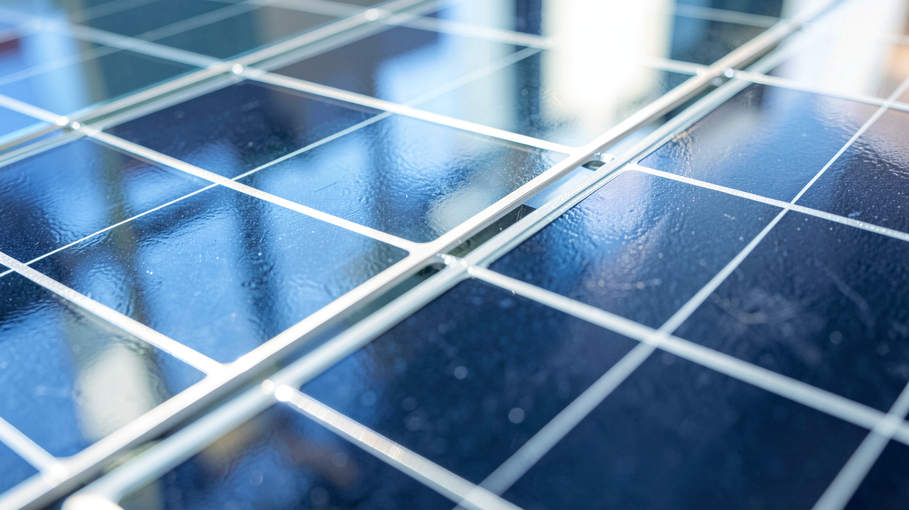 modules photovoltaïques montrant un gros plan sur la structure interne des cellules de silicium.