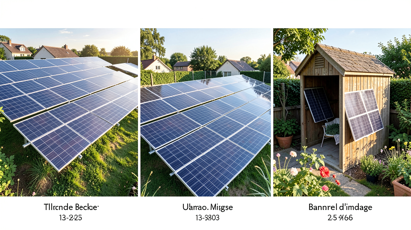 mon panneau solaire : installation de trois options pour un projet résidentiel montrant des panneaux en toiture, au sol et sur un abri de jardin