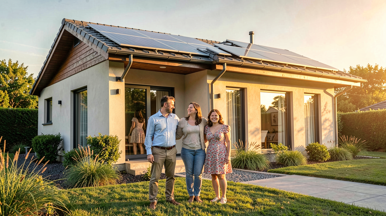 mon panneau solaire installé sur le toit d'une maison moderne avec une famille souriante devant