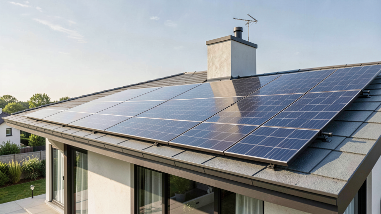 mon panneau solaire installé sur le toit d'une maison moderne avec un ciel bleu clair en arrière-plan
