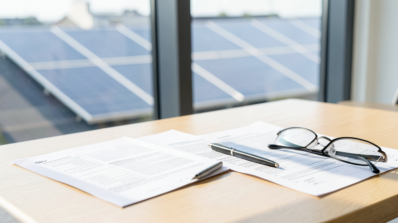 mon toit solaire démarches administratives et autorisations illustrées par des documents sur un bureau avec vue sur un toit équipé de panneaux solaires
