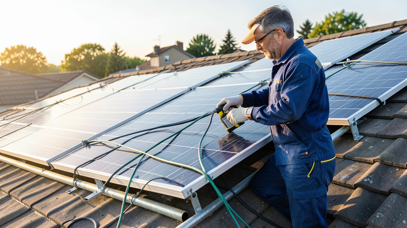 mon toit solaire : technicien installant des panneaux solaires sur un toit résidentiel