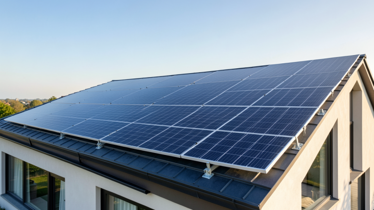 mon toit solaire équipé de panneaux photovoltaïques sur une maison moderne sous un ciel bleu clair