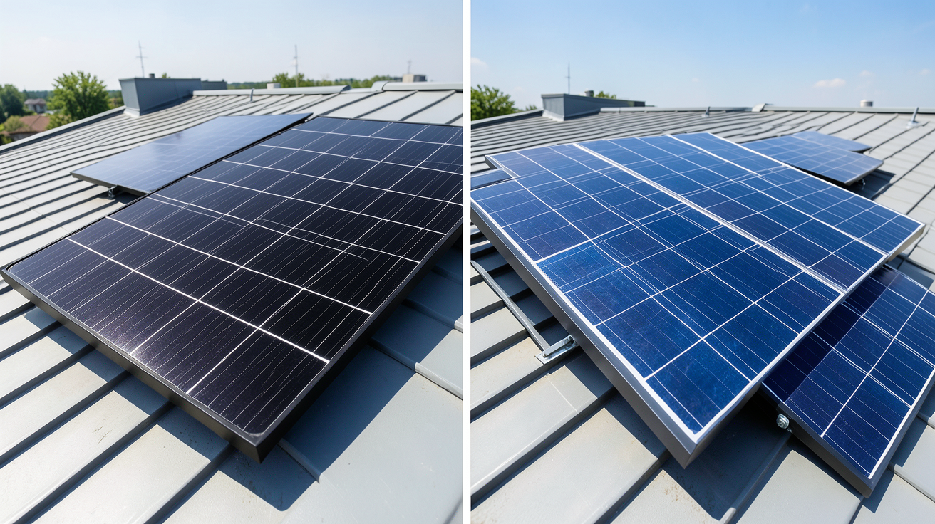 mono ou polycristallin : comparaison visuelle entre un panneau solaire monocristallin noir et un panneau polycristallin bleu.