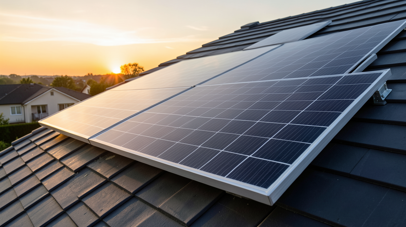 monocristallin panneau solaire installé sur un toit résidentiel avec cellules noires et cadre en aluminium