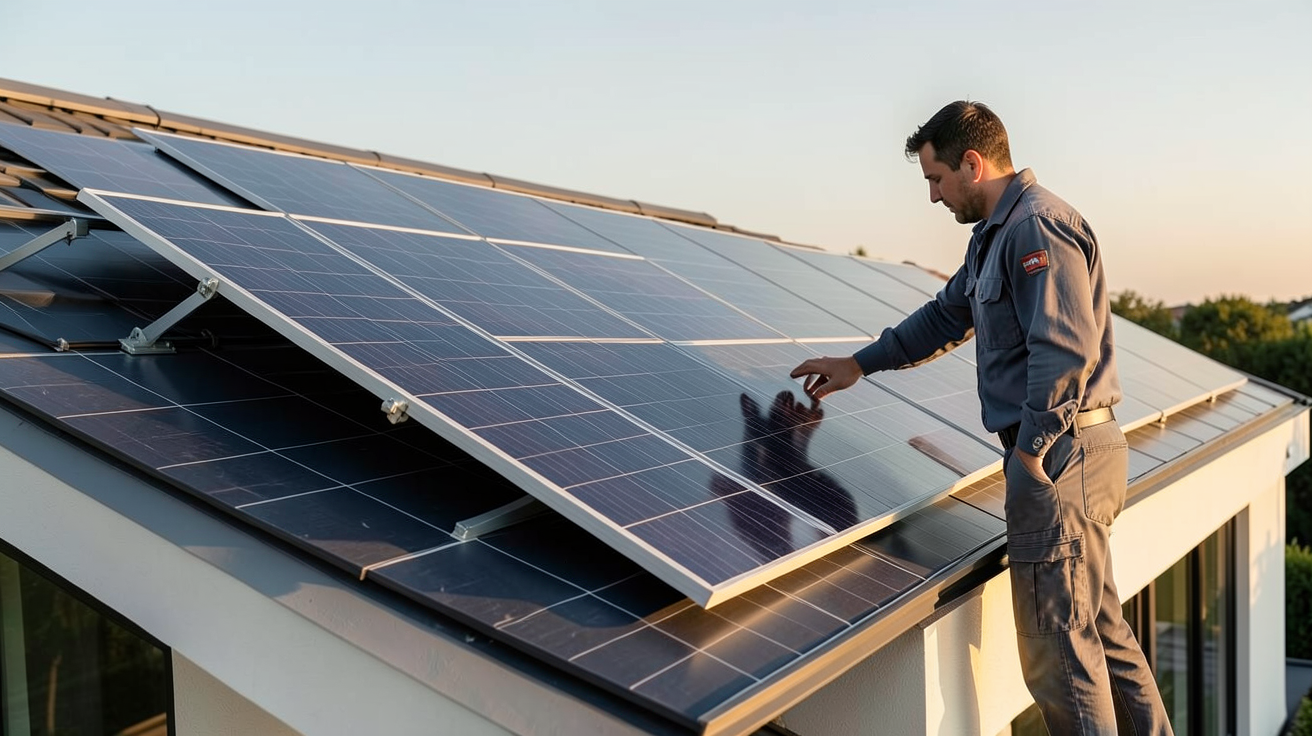 monocristallin panneau solaire installé sur le toit d'une maison moderne avec un technicien ajustant l'inclinaison