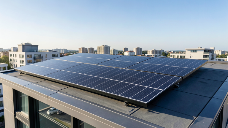 monocristallin panneau solaire noir installé sur le toit d'une maison urbaine moderne