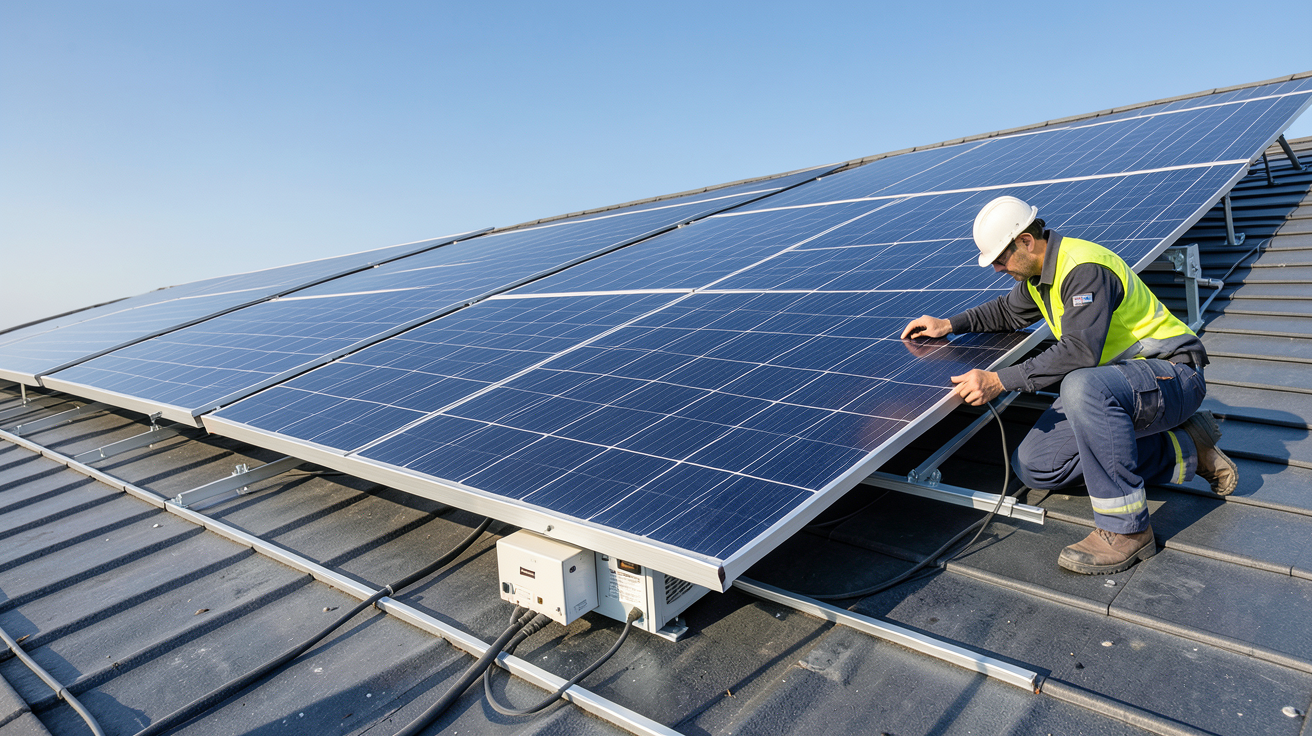 monocristallin polycristallin amorphe installation solaire photovoltaïque sur toit avec onduleur orientation optimale et technicien