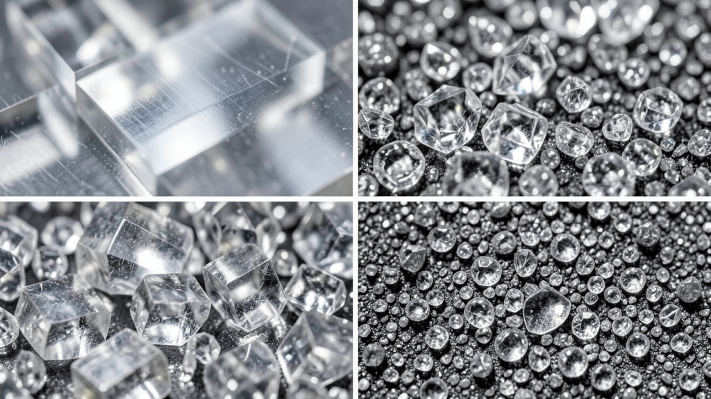 monocristallin polycristallin amorphe illustré par des échantillons de silicium de haute technologie.