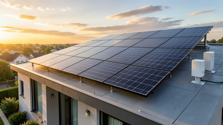 mydualsun installation solaire sur le toit d'une maison moderne avec panneaux noirs et onduleurs