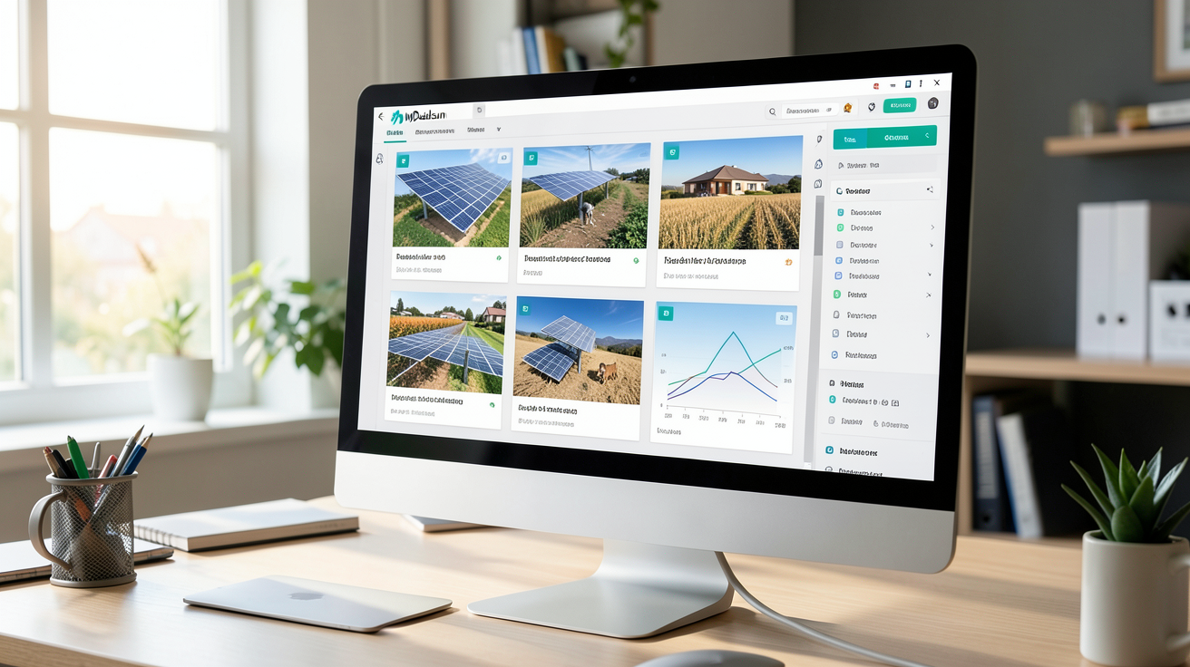 mydualsun interface de simulation solaire affichant différents types de projets solaires (résidentiel, tertiaire, agricole)