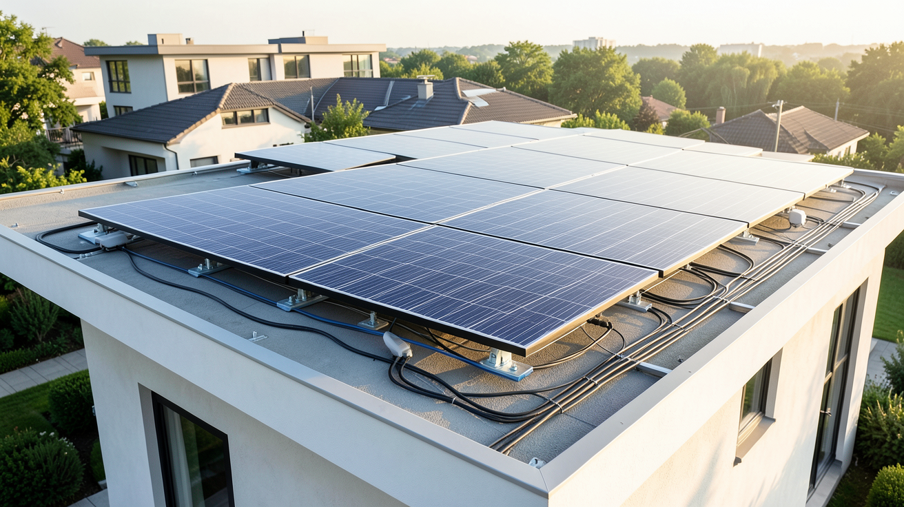 nouveau panneau solaire 2022 installé sur le toit d'une maison moderne lors d'une installation professionnelle