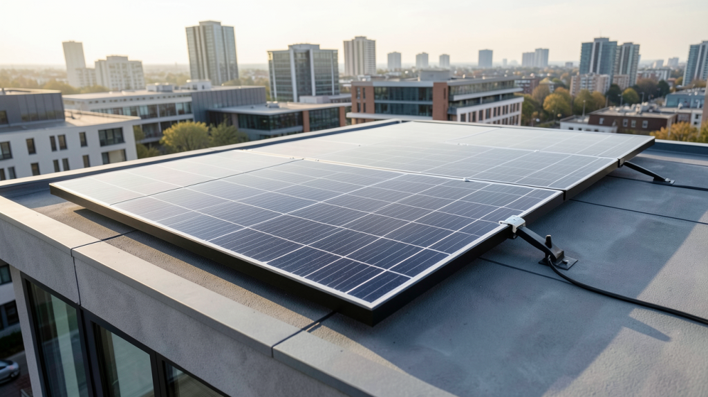 nouveau panneau solaire installé sur le toit d'une maison urbaine moderne avec lumière naturelle du matin